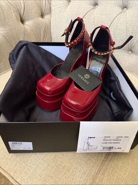 NWT Versace Red Leather Platform Mary Jane Pumps with Embellished Ankle Strap